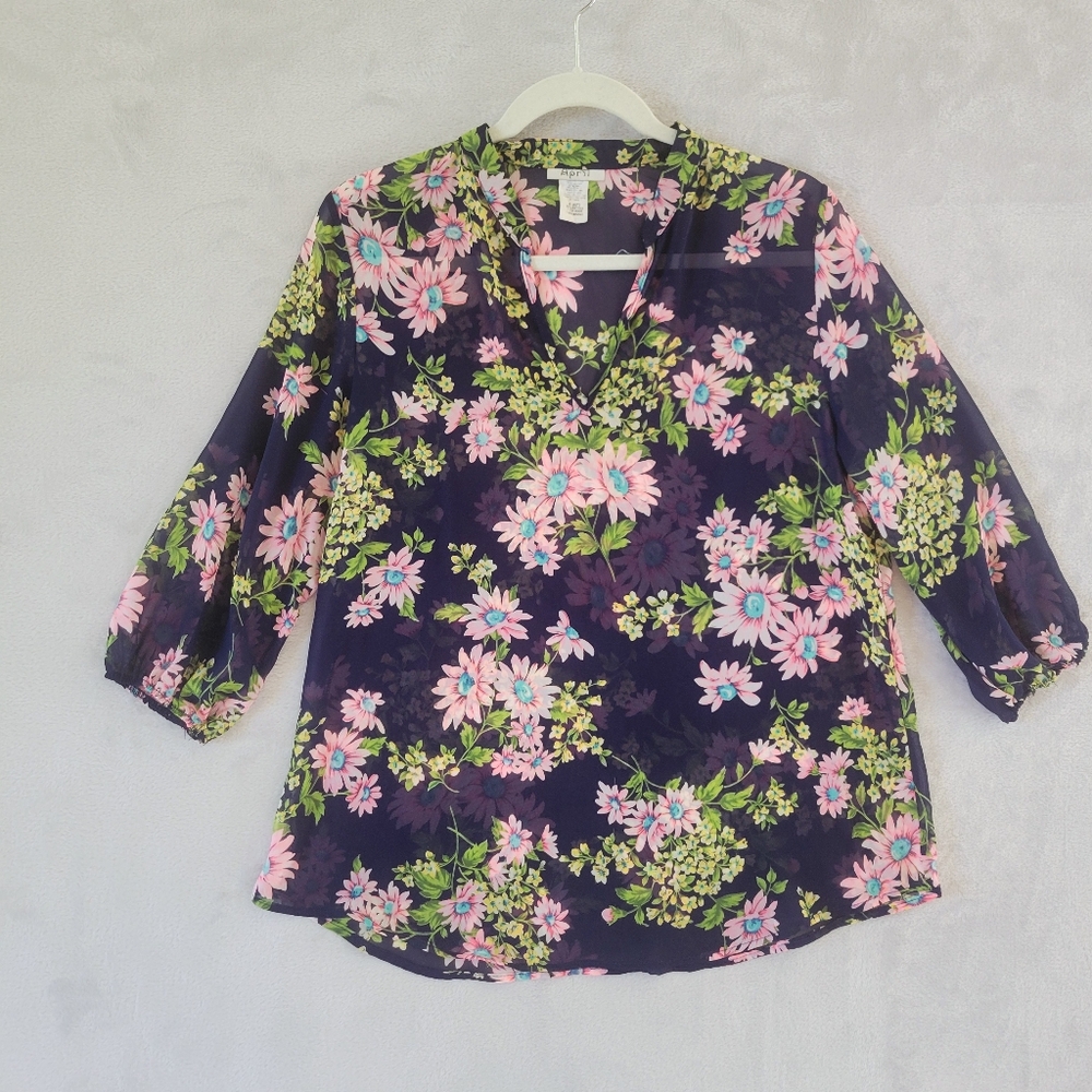 Vintage Y2K Sheer‎ Floral V Neck Shirt 1/2 Sleeve Large